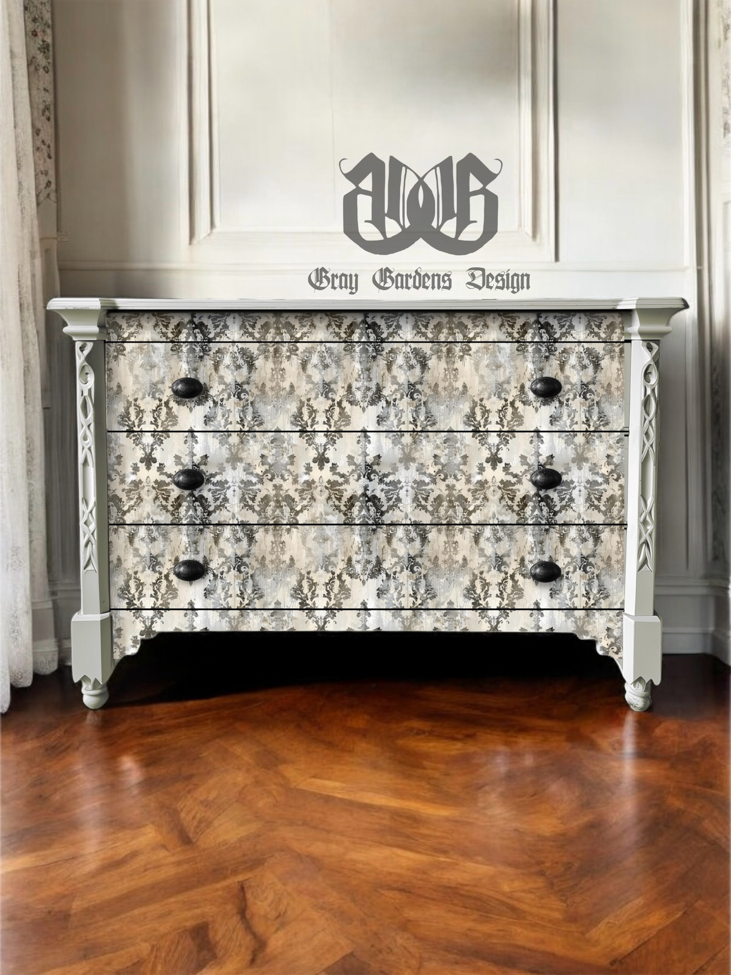 Antique White Damask Decoupage Paper | Large Decoupage Paper for Furniture and other DIY Projects
