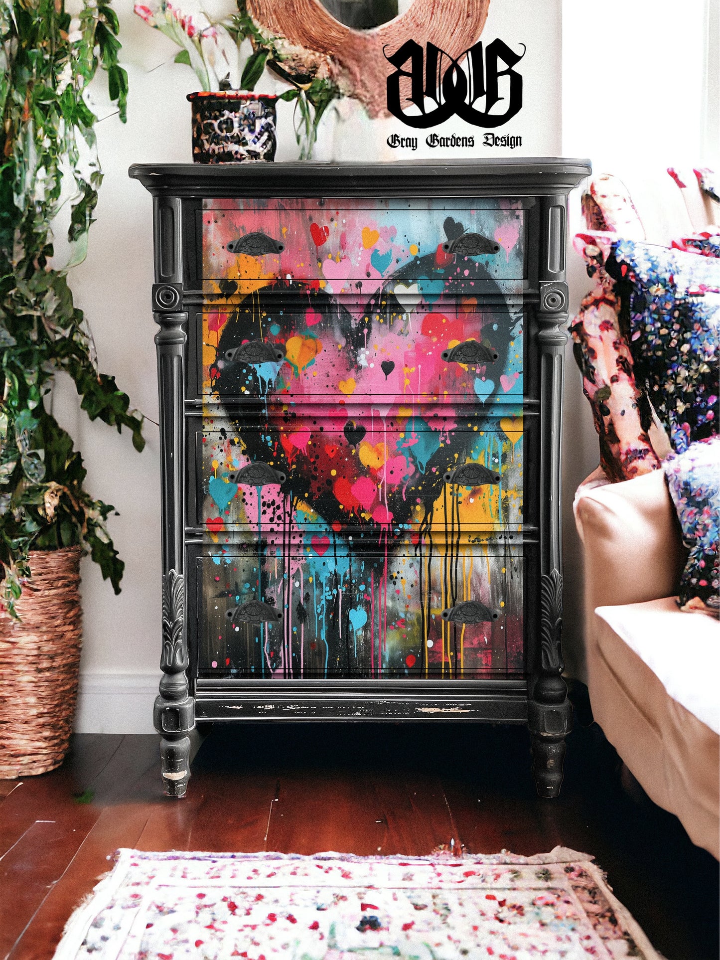 Graffiti Heart Decoupage Paper | Vibrant Colorful Large Decoupage Paper for Furniture and other DIY Projects