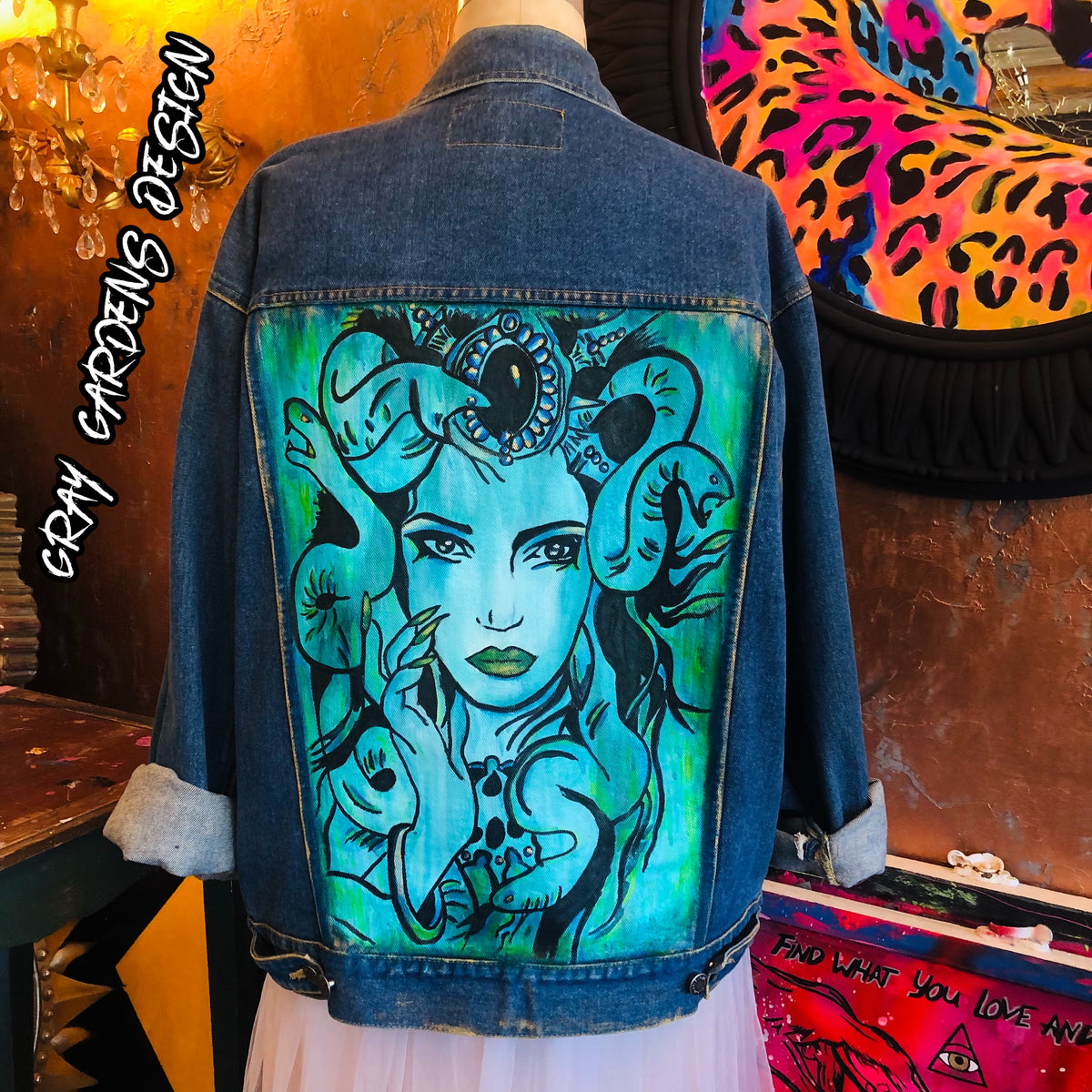 Custom hand painted denim jacket of medusa by ocelotepintura on