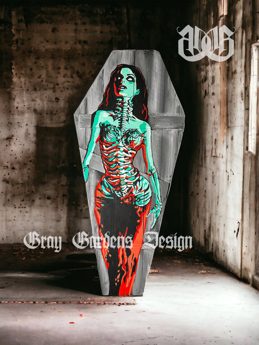 Custom 6ft Horror Skeleton Woman Coffin Art