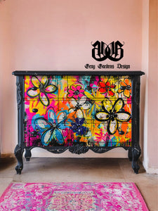 Graffiti Flowers for Kazza Decoupage Paper | Vibrant Colorful Large Decoupage Paper for Furniture and other DIY Projects