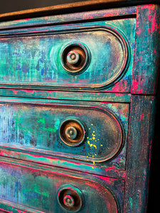 Vintage Hand Painted Drippy Patina 4 Drawer Dresser