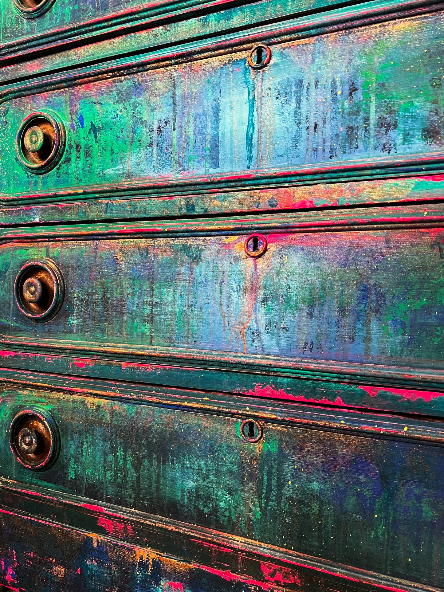 Vintage Hand Painted Drippy Patina 4 Drawer Dresser