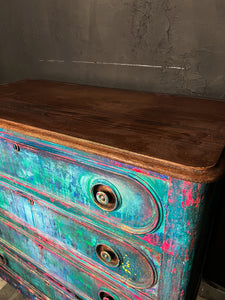 Vintage Hand Painted Drippy Patina 4 Drawer Dresser