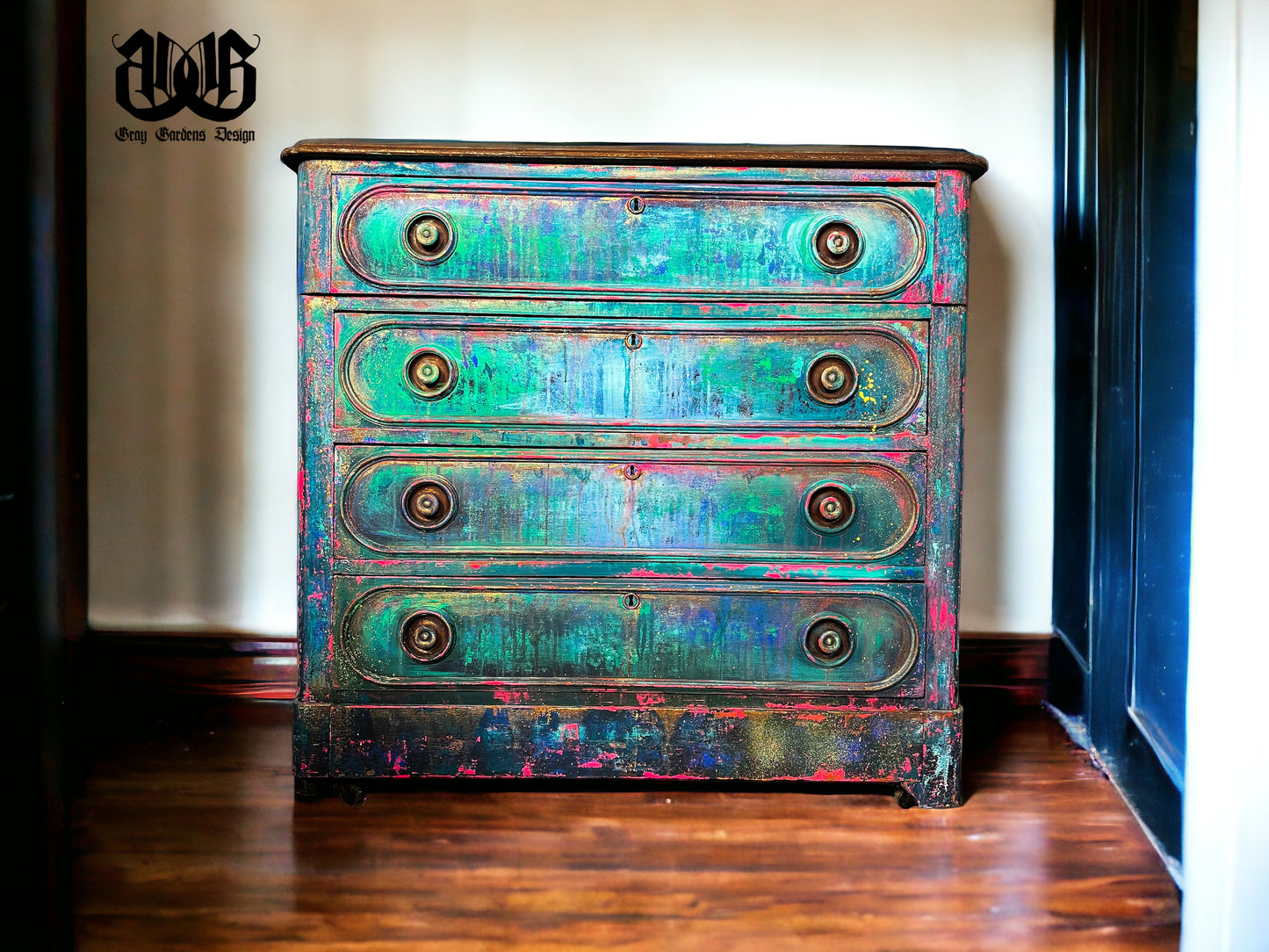 Vintage Hand Painted Drippy Patina 4 Drawer Dresser