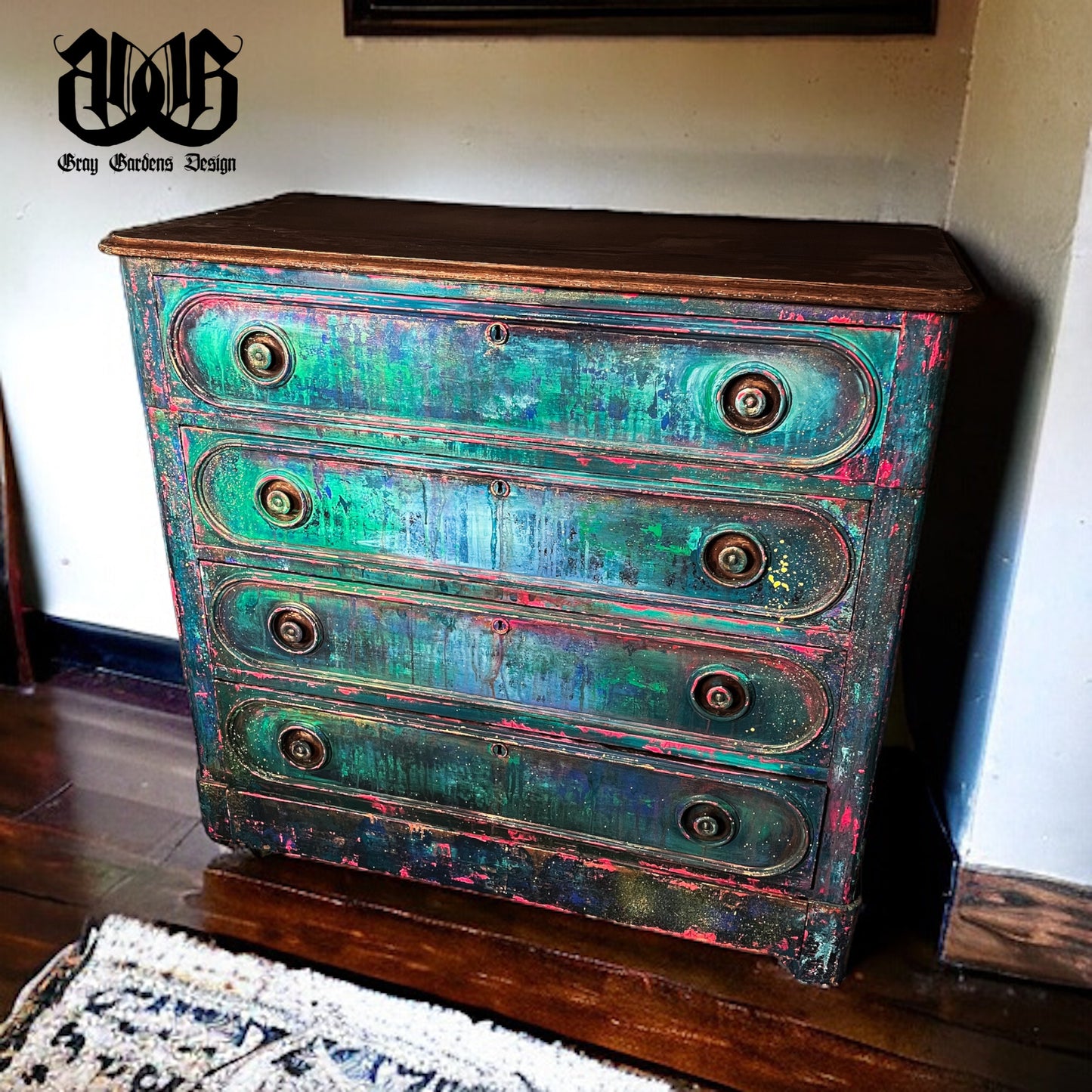 Vintage Hand Painted Drippy Patina 4 Drawer Dresser