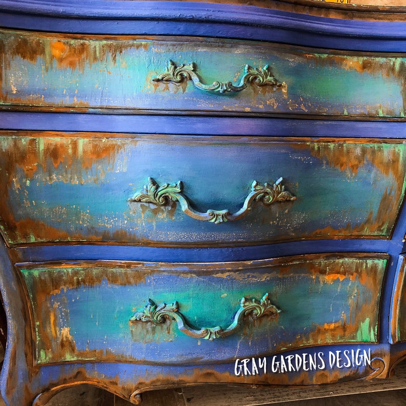 Large Blue Rustic Vintage 9 Drawer French Bombè Chest / Dresser/ Buffet Server, Painted Furniture Art