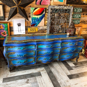 Large Blue Rustic Vintage 9 Drawer French Bombè Chest / Dresser/ Buffet Server, Painted Furniture Art