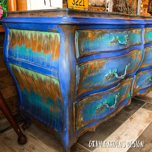 Large Blue Rustic Vintage 9 Drawer French Bombè Chest / Dresser/ Buffet Server, Painted Furniture Art