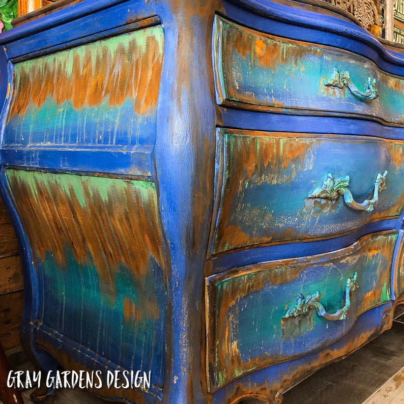 Large Blue Rustic Vintage 9 Drawer French Bombè Chest / Dresser/ Buffet Server, Painted Furniture Art