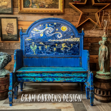 Load image into Gallery viewer, Upcycled Headboard Hand Painted Van Gogh Starry Night Mermaid Tail Bohemian Coastal Bench Furniture Art Piece