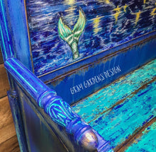 Load image into Gallery viewer, Upcycled Headboard Hand Painted Van Gogh Starry Night Mermaid Tail Bohemian Coastal Bench Furniture Art Piece