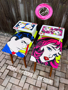 Hand Painted Neon Pop Art Mid-Century Style End Tables / Furniture Art