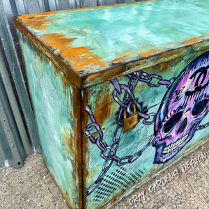 “Luxury Never Dies” Vintage Hand Painted Boho Goth Glam Skull Furniture Art 3 Drawer Dresser