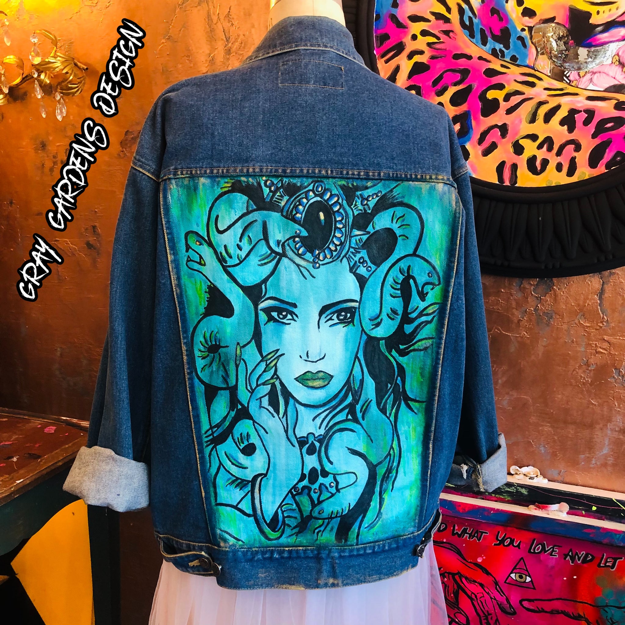 Handpainted jean jacket Creepy surreal woman Shepard ugelpadreabadgobpe