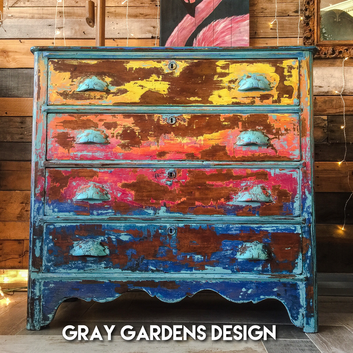 Upcycled Eastlake Victorian Bohemian Tropical Sunset Distressed Dresser