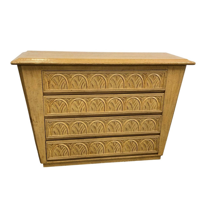 Carved blonde wood 4 drawer dresser/ console/entryway piece in the Art Deco style