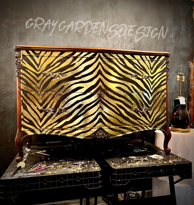 PRE-ORDER Glam Zebra / Tiger Print Hand Painted Gold Leaf Furniture Art Dresser