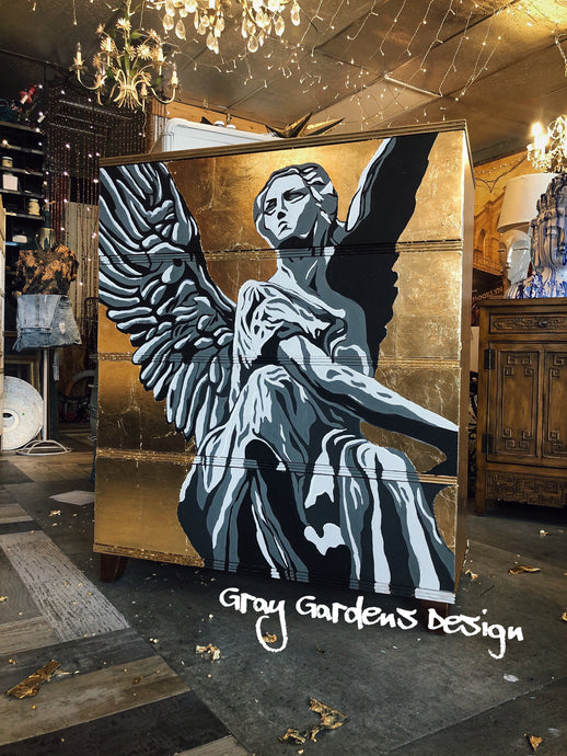 Glamorous Gold Gilded Hand Painted Stone Angel Dresser Art Piece