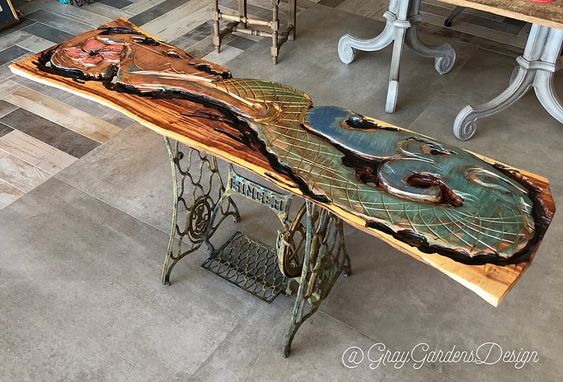 Live Edge Mermaid Queen Console/Hallway Table with Singer Sewing Machine Base